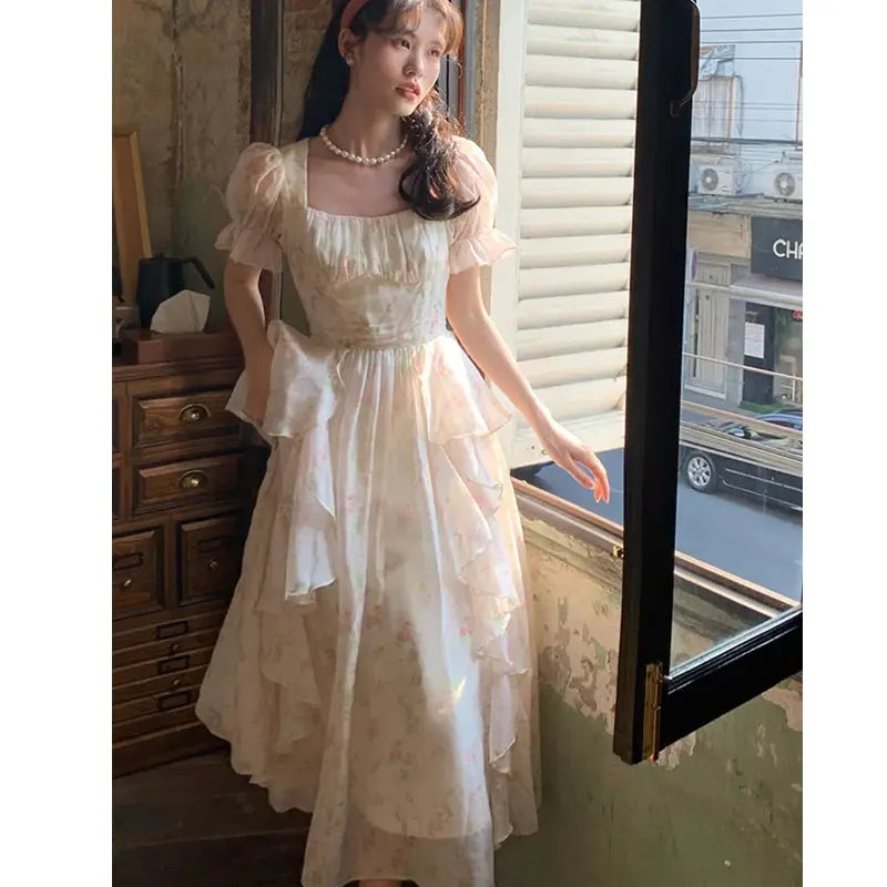 Retro Floral Print Dress Women Chic Square Collar Princess Style Midi Dress Female Puff Sleeve Korea Elegant Fairy Dress Vestido