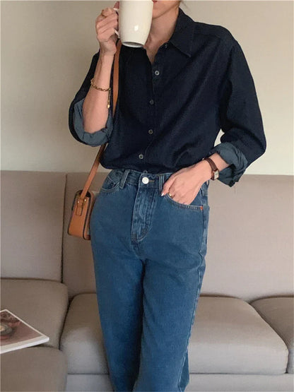 vmtvr Women Blouse Female Shirt Summer Womens Blouses Spring Maxi Blusas Casual Cowboy Vintage Long Sleeve Denim Oversize Loose Blue