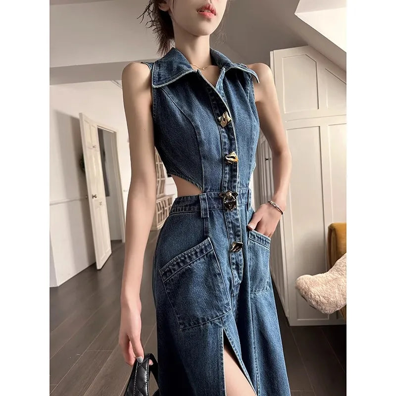 vmtvr Retro Denim Dress Women's Summer New Shirt Collar Hollow Split Waist Long Skirt Sleeveless One-piece Sexy Denim Dresses