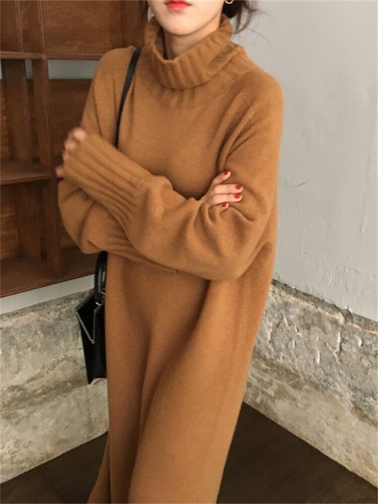 Thick Winter Women'S Dress Fall Sweater Women Dress Long Sleeve  Knitted Dresses Maxi Vintage Oversize Dresses Knitting