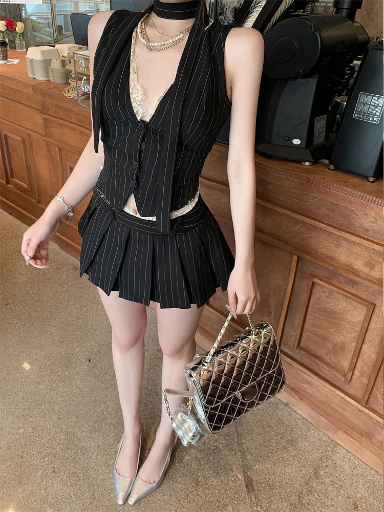 vmtvr 2024 Summer New Two Piece Set Streetwear V-neck Lace Patchwork Striped Casual Camisole Women + High Waist Pleated A-line Skirt