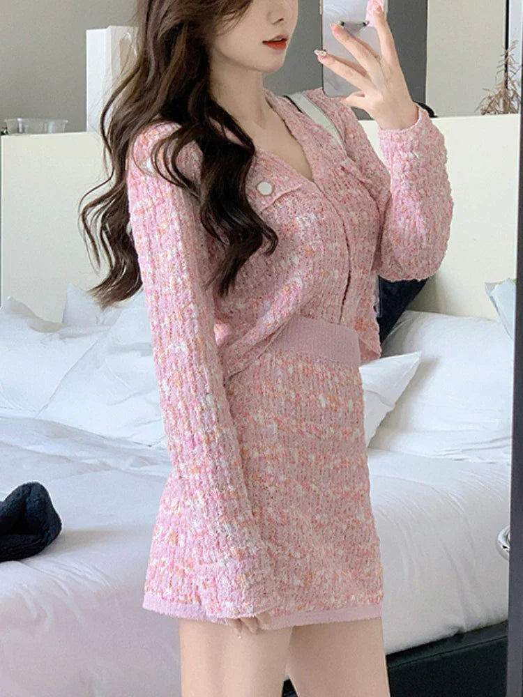 vmtvr Two Piece Dress Set Sweet Cardigan Sweater + Slim Skirt Pink Elegant Y2k Mini Dress Autumn Office Lady Casual Knitted Suits