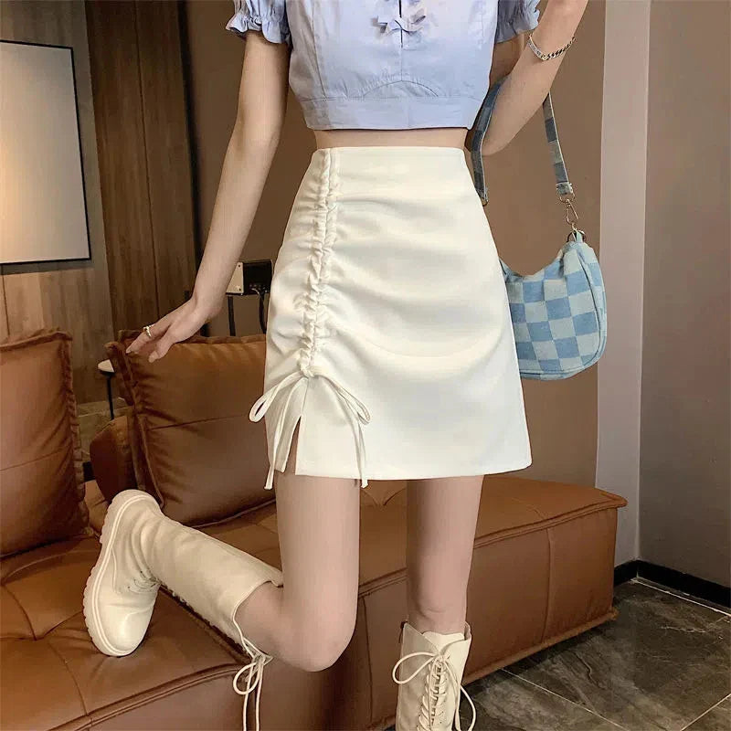 vmtvr Lace Up Women High Waist Skirts Summer Fashion Shirring Female Mini Skirts Y2K Casual Korean Slim Fit Split Skirts