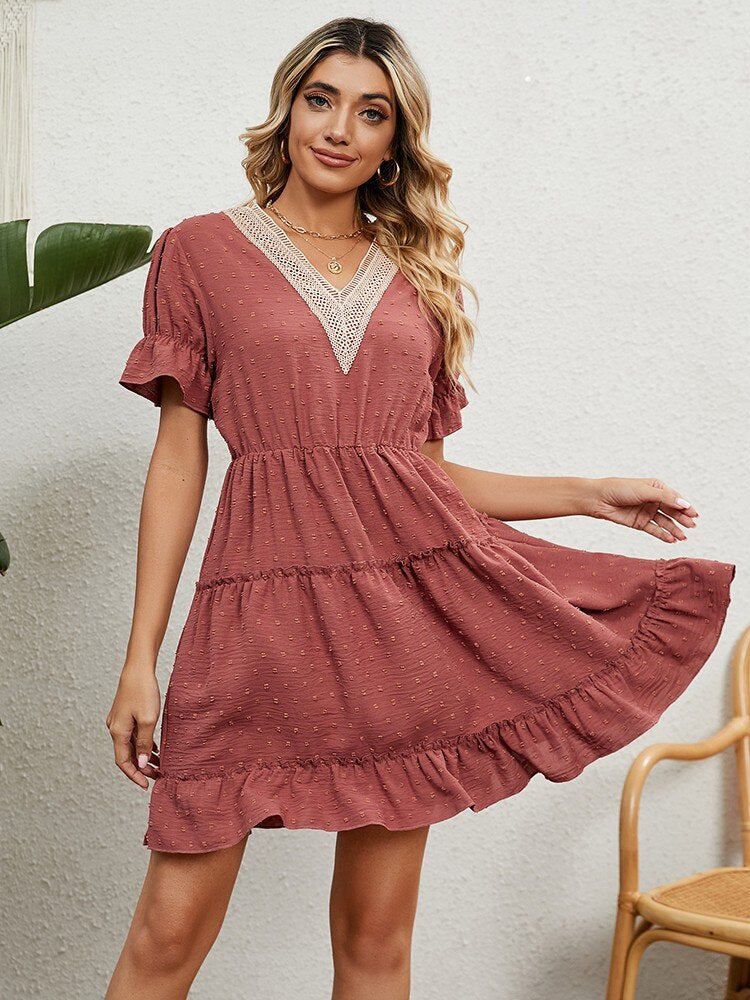 Summer Short Sleeve Dresses For Women Fashion Lace Stitching V Neck Elegant Plus Size Beach Casual Ruffles Mini Dress Vestidos