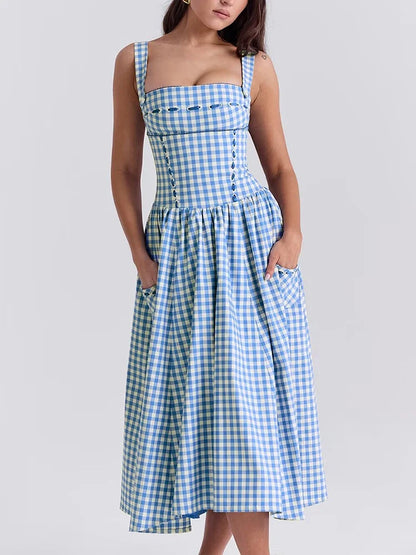 vmtvr  -  French Chic Plaid Maxi Dresse Blue Strappy Backless Pocket Sexy Summer Party Women Vocation Casual Loose Ladies Dress