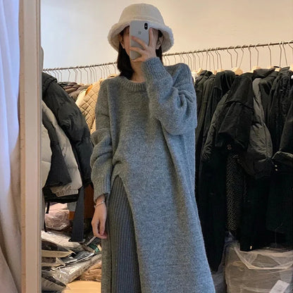 vmtvr Women's Side Split Knitted Sweater Dress Autumn Winter Solid Design Woolen O-Neck Long Sleeve Dress Loose Fashion Midi Robe