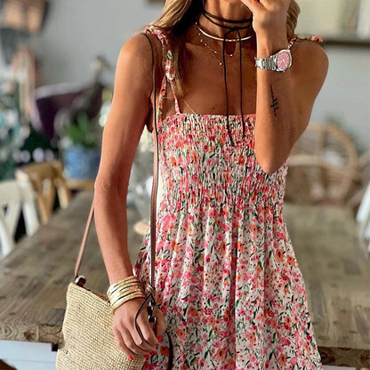 vmtvr Bohemian Floral Print Pleats Women's Dress Sexy Slash Neck Strap Long Dress Fashion Summer Sleeveless High Waist Beach Dresses