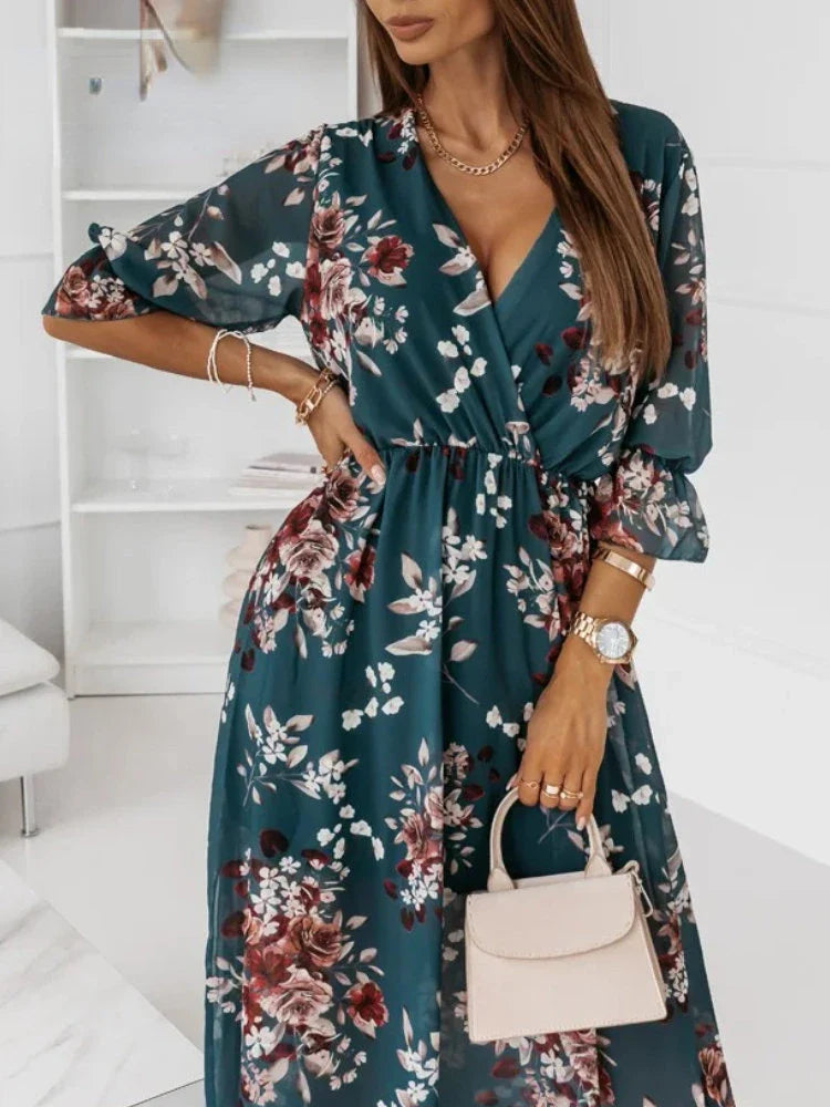 vmtvr  -  Chiffon Summer Dresses Women Elegant A-line Flower Office Spring Long Sleeve V-Neck Floral Maxi Dresses for Women Vestido