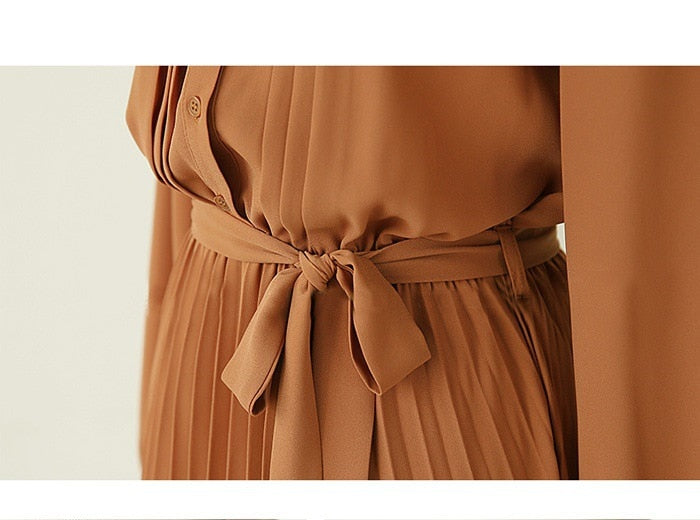 vmtvr Elegant Chiffon Long Sleeve Shirt Dress Women Belt Lace Up A-line Pleated Maxi Dress Korean Fashion Fall Clothes Streetwear