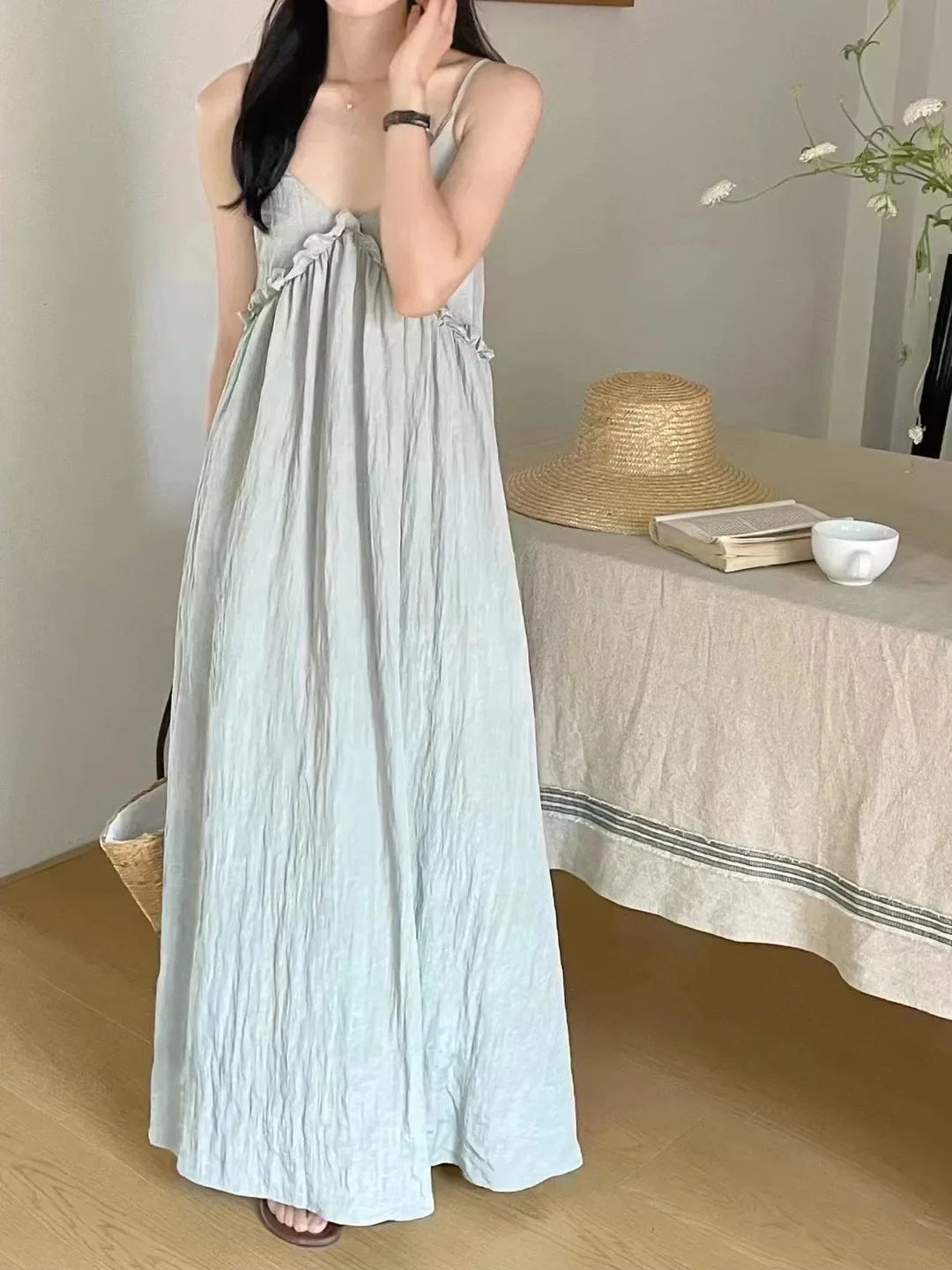 New Elegant Women Backless Sweet Maxi Dress 2024 Summer Pink Sexy V-Neck Sling Dress Vacation Party Slip Beach Casual Sundress