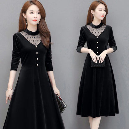 Women Autumn Winter Velvet A-Line Dress Office Lady Long Sleeve Party Lace Patchwork Midi Dresses Casual Elegant Vesitos Female