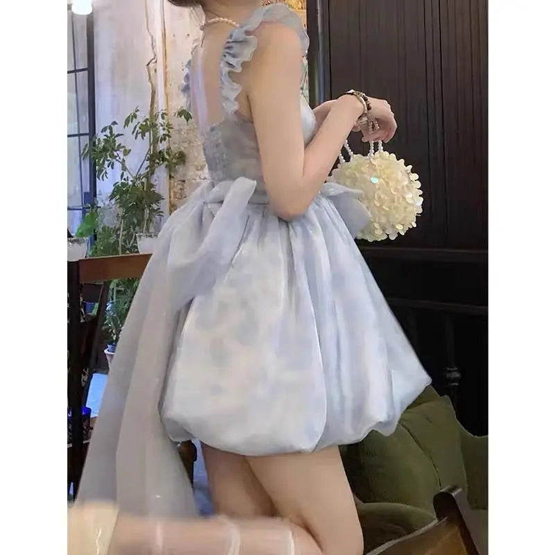 2024 Summer Backless Blue France Vintage Mini Dress Women Bow Flying Sleeve Sweet Elegant Dress Female Korea Evening Party Dress