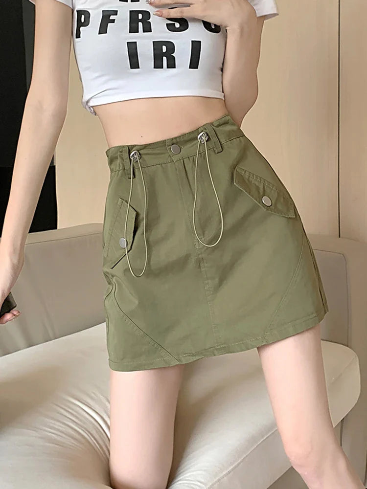 vmtvr Women Drawstring Cargo Skirt Fashion High Waist Preppy Style A Line Mini Skirt Summer Korean Casual All Match Sexy Skirt