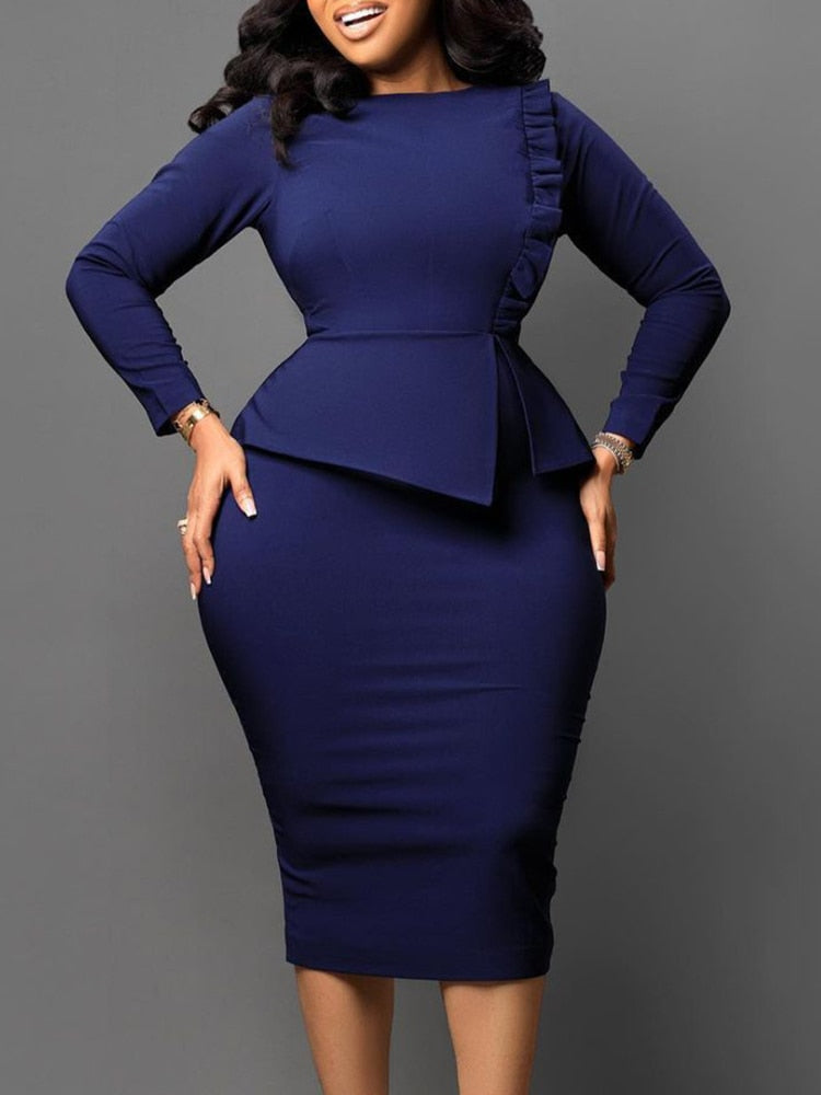 Women Elegant Dress Bodycon Long Sleeves Peplum Ruffles Spring Package HIp Classy Office Ladies African Summer Gowns Female Robe