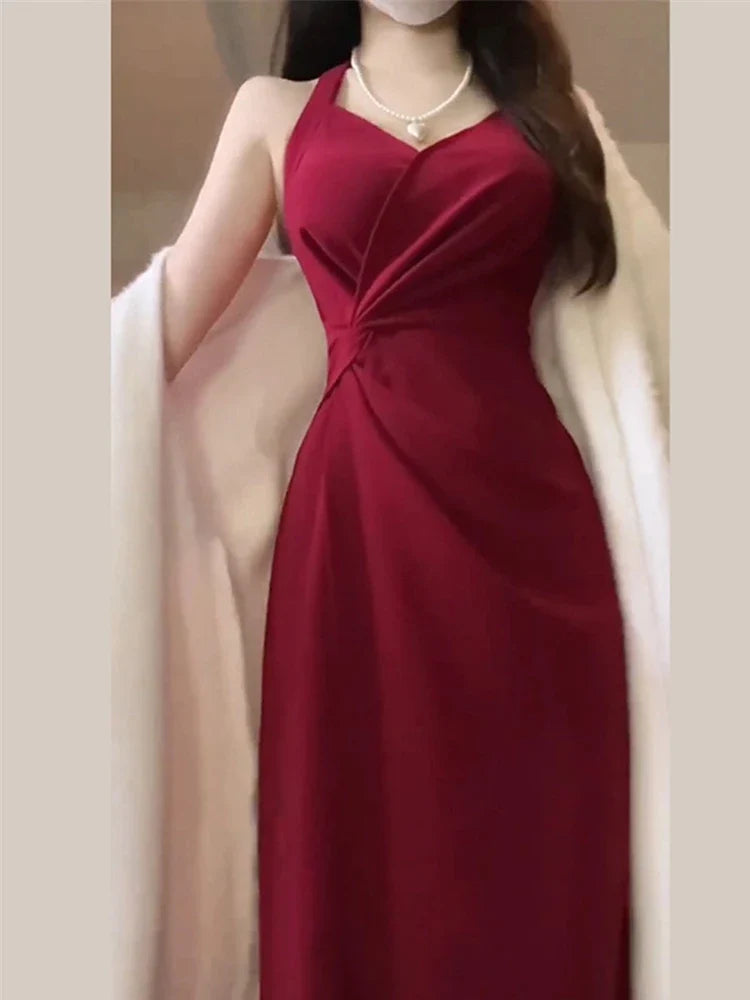 vmtvr Spring Summer Women Fashion Elegant Casual Midi Red Dress Sleeveless Vintage Slim A-Line Party Prom Vestidos Female Clothes Robe