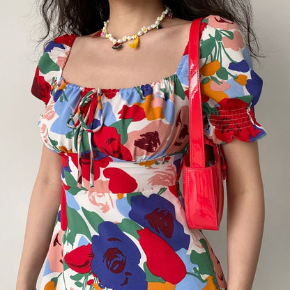 Y2k Floral Print Mini Dress Women Square Collar Puff Sleeve Summmer Skinny Slim Party High Waist Vintage Dresses 2023