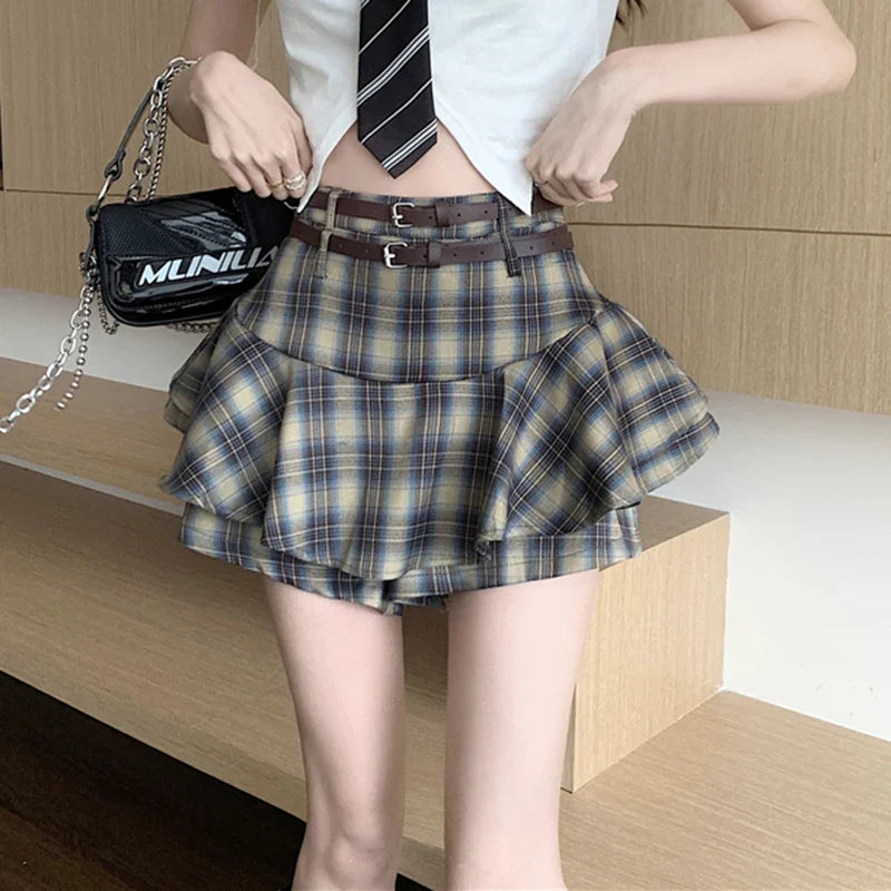 vmtvr High Waist Women Plaid Skirts Korean Fashion Belt Ruffle Mini Skirts Y2K Female Streetwear A Line Pants Skirts Summer New