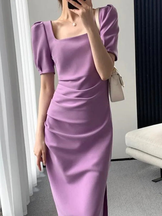 vmtvr Women Summer New Elegant Bodycon French Midi Dress Short Sleeve Slim Vintage Party Vestidos Femme Fashion Solid Clothes Robe