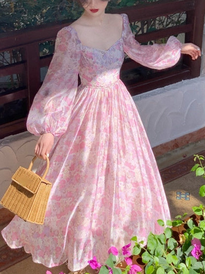 vmtvr - French Vintage Long Sleeve Dress Woman Fairy Elegnat Floral Midi Dress Evening Party One Piece Korean 2022 Summer Chiffon Beach