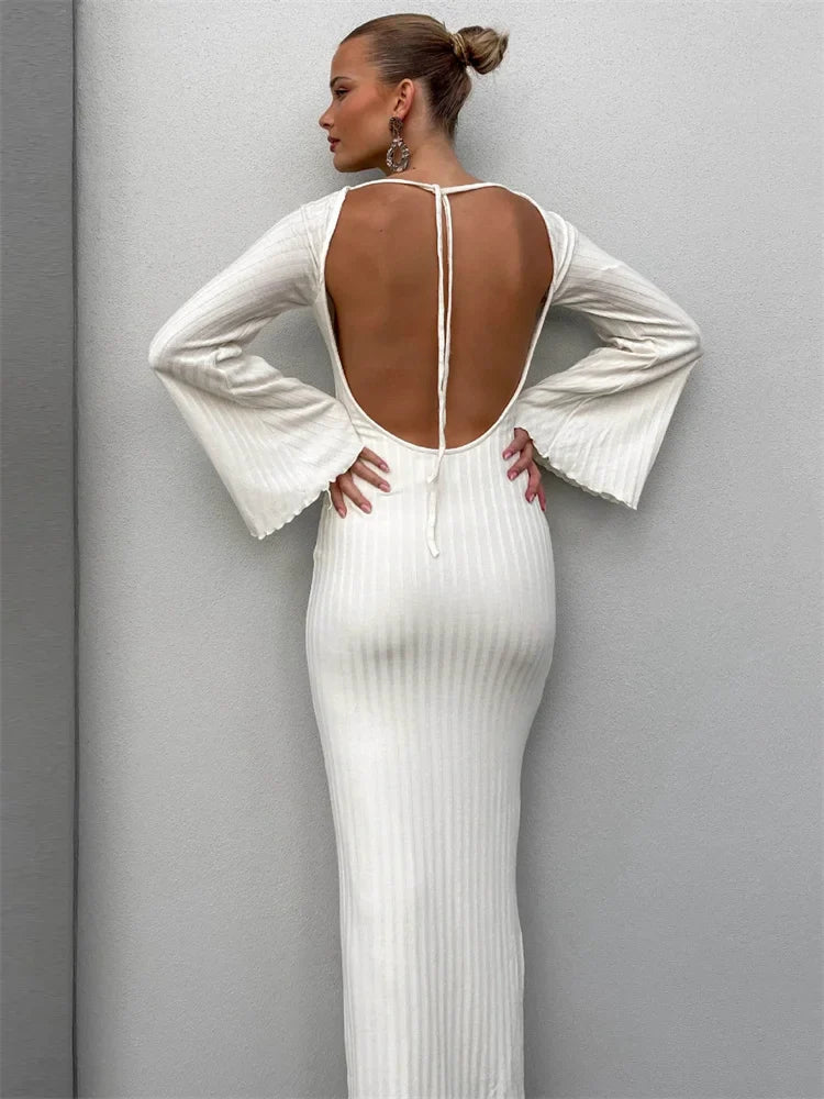 vmtvr Backless Ribbed Knit Maxi Dress Female High Waist Lace-Up Fashion Slim Party Dress Autumn Bandage Knitwear Long Dress