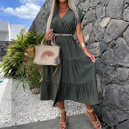 vmtvr Sexy Wrap V-neck Pleated A-Line Dress Women Spring High Waist Solid Office Lady Long Dress Summer Short Sleeve Boho Maxi Dresses