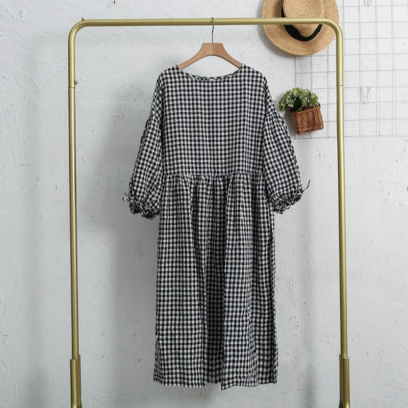 vmtvr  -  Elegant Dresses For Women 100% Cotton Plaid Casual Summer Loose Puff Sleeve Birthday Party Dress For Female Long Maxi Dress