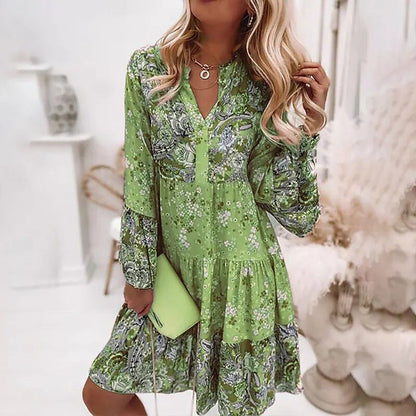 Women Elegant Long Sleeve Loose Beach Dress Casual New Fashion Floral Print Boho Party Dress Sexy V Neck Ruffle Mini Shirt Dress