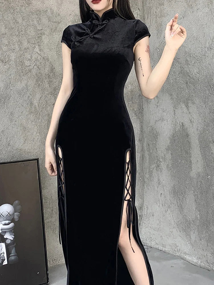 vmtvr  -  Goth Dark Romantic Gothic Velvet Aesthetic Dresses Vintage Women Black Bandage SlitHem Bodycon Dress Sexy Evening Wear Cheongsam