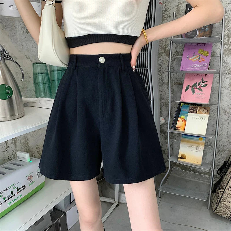 vmtvr Y2K Women High Waist White Shorts Korean Fashion Pleated Wide Leg Pants Summer Casual All Match Female Preppy Style Pants New