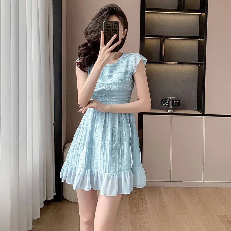 2024 New Summer Blue Chiffon Holiday Dress Fashion Sweet Women O Neck Short Sleeve Ruffles Fold Slim Waist Party Midi Clothes