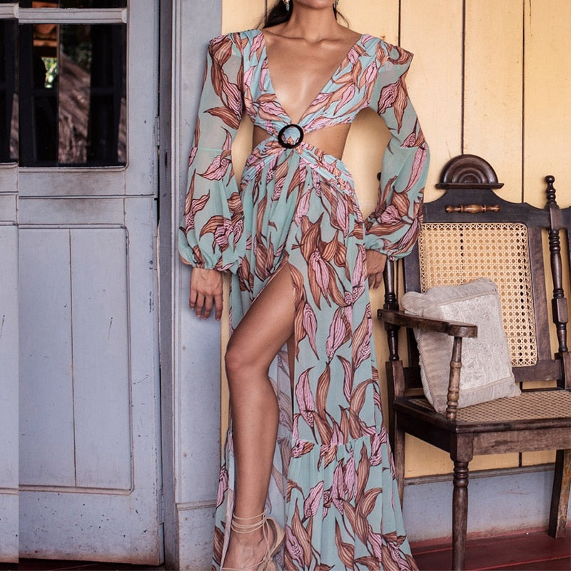 vmtvr Sexy V-Neck Backless Hollow Out Dress  Summer Women Lantern Sleeve Club Party Long Maxi Dresses Tunic Beach Cover Up A916