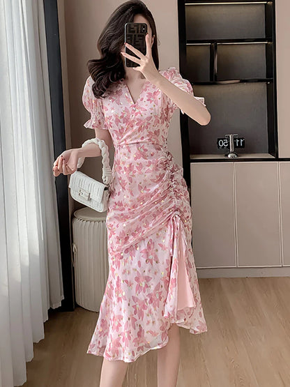 vmtvr 2024 Pink Floral Chiffon Sequins Luxury Prom Clothes Women Short Sleeve V-Neck Casual Ruffled Dress Summer Korean Fashion Dress