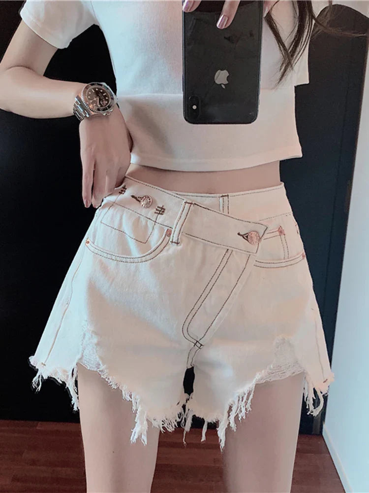 vmtvr Irregular Design Women Denim Shorts High Waist Summer Y2k Jeans Summer High Waist Tassel Cross Light Blue Female Shorts