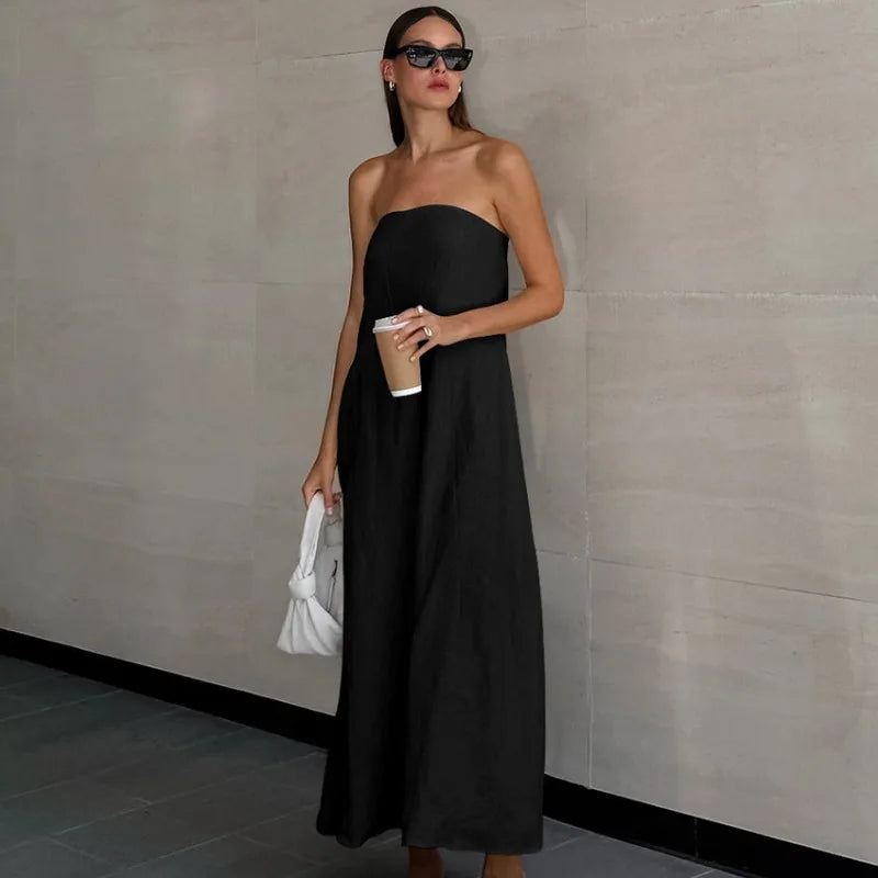 vmtvr  -  Minimalist Cotton Linen Design Strapless Dress Summer Women's Personal Street Elastic Backless Pocket Vacation Beach Dress