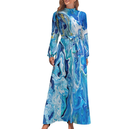 Marble Print Dress Watercolor Flow Abstract Aesthetic Bohemia Dresses Female Long Sleeve High Neck Sexy Long Maxi Dress