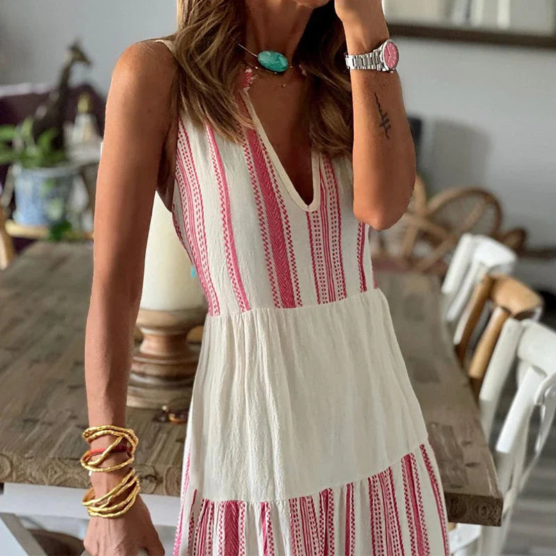 Shdowlass  -  Summer Elegant Sleeveless Pleated Long Dress Women Fashion Striped Print Tank Dress Sexy Deep V-neck Loose Bohemian Party Dress