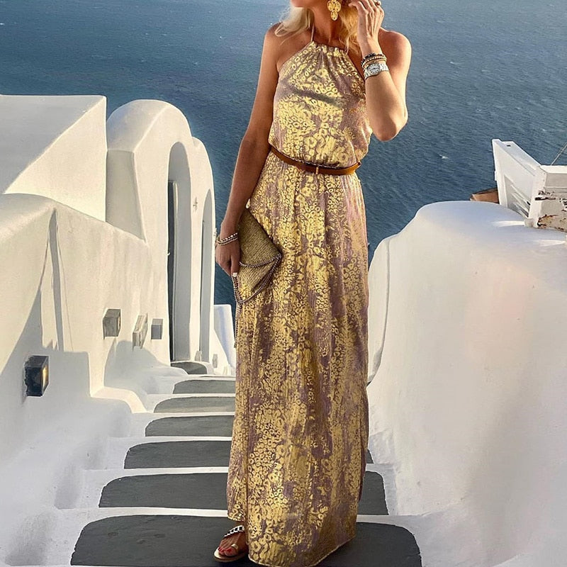 Spring Summer Neck-Mounted Maxi Dress Chic Lady Sleeveless Patchwork Print Dress Women Backless Halter Party Beach Dress Vestido