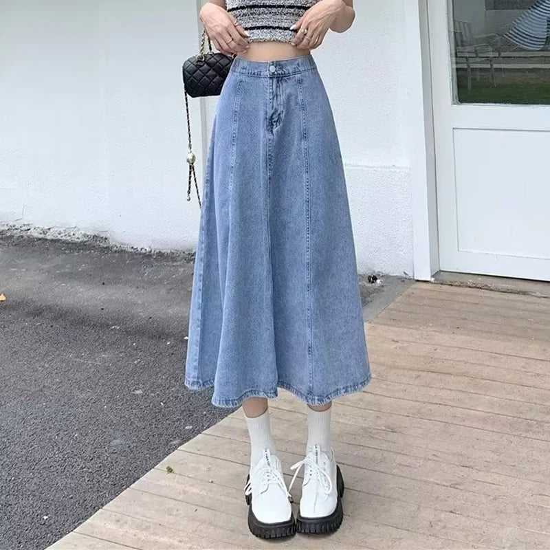 vmtvr Vintage Women Solid Jeans Skirts Summer Fashion Casual Female Loose Midi Skirts Y2K All Match High Waist A Line Denim Skirts