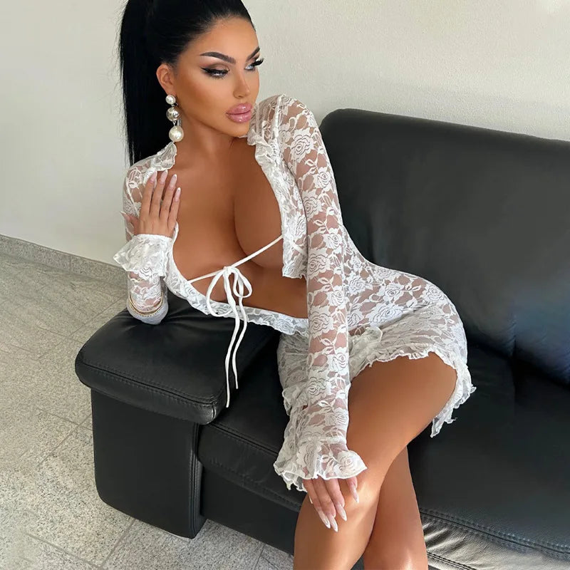 vmtvr Fashion Lace Trim Sheer Tie Front Mini Dress Long Sleeve Fringe Outfits for Women Club Party Sexy Bodycon Dresses