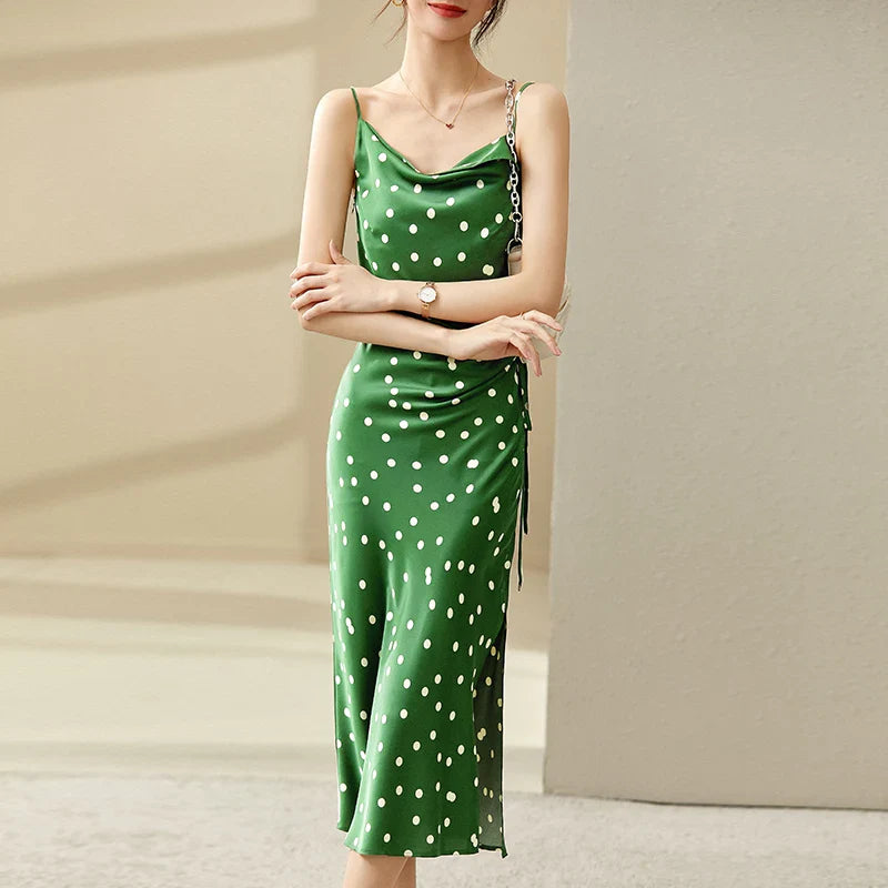 vmtvr - Summer Green Polka Dot Sexy Sundress for Women 2024 Elegant Dresses Shirring Lace-Up Sleeveless Midi Beach Dress