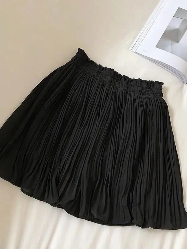 vmtvr Chiffon Beach Women Pleated Skirt Korean Sweet A Line Mini Skirt Summer High Waist Simple Female High Quality Fashion Skirt