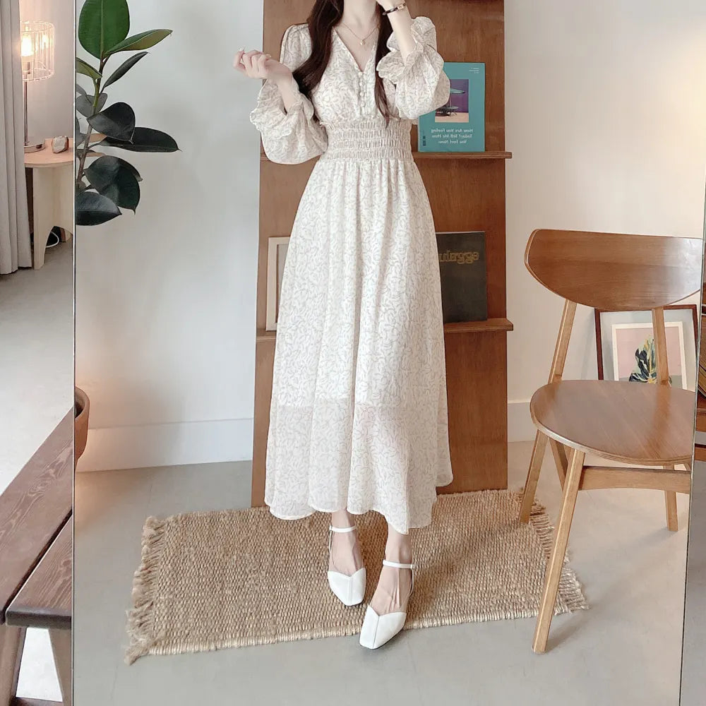 vmtvr  -  Korean Floral Print Midi Dresses for Women Summer New Pleated Slim Waist V-neck Long Sleeves Chiffon Sweet Female Clothing