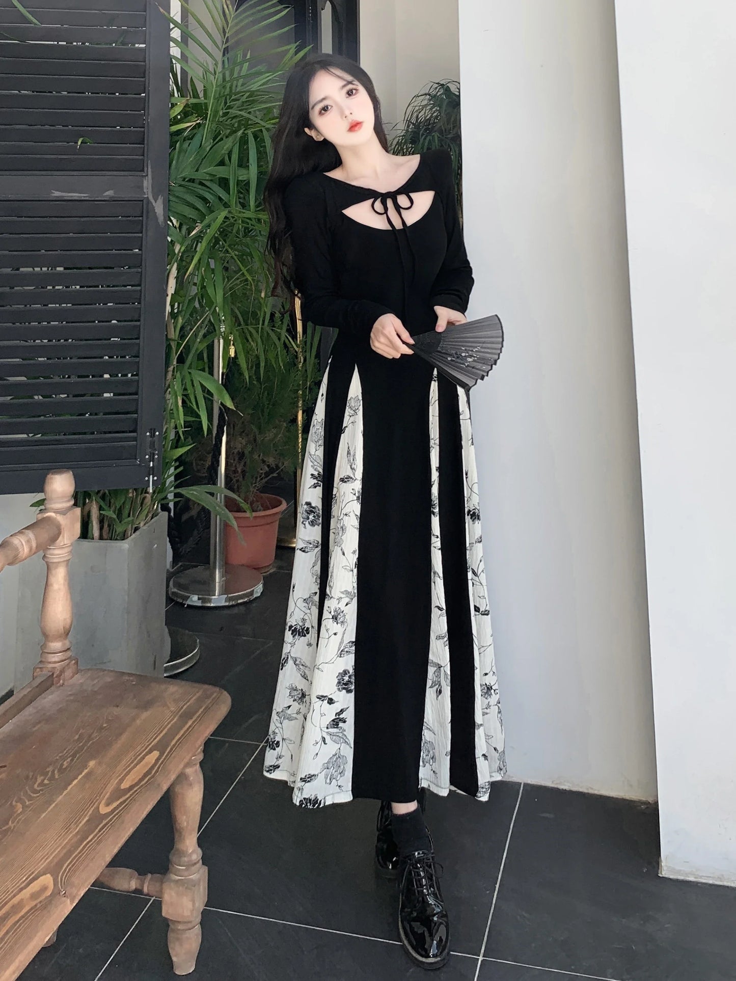 vmtvr  -  Vintage Knitted Patchwork Floral Dress Irregular Design Sense Hepburn Wind Sweet Fashion Slim Summer New Black Long Dresses