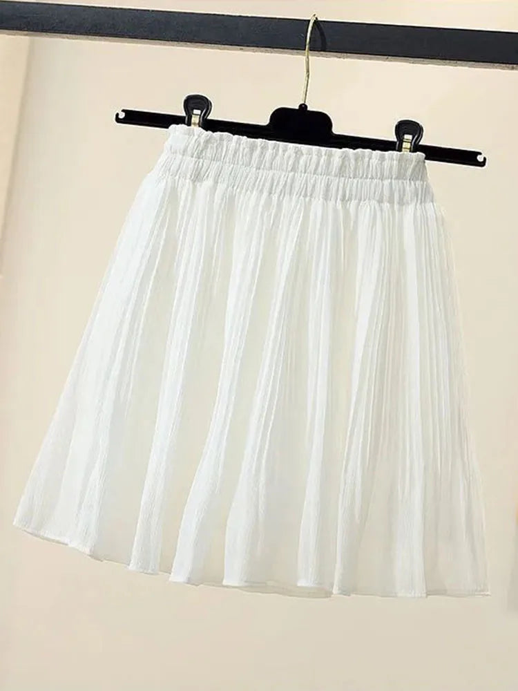 vmtvr Chiffon Beach Women Pleated Skirt Korean Sweet A Line Mini Skirt Summer High Waist Simple Female High Quality Fashion Skirt