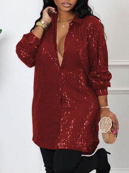 Women Fashion Elegant Turn-down Collar Mini Casual Loose Dress Oversize Long Sleeve Allover Sequin Shirt Dress