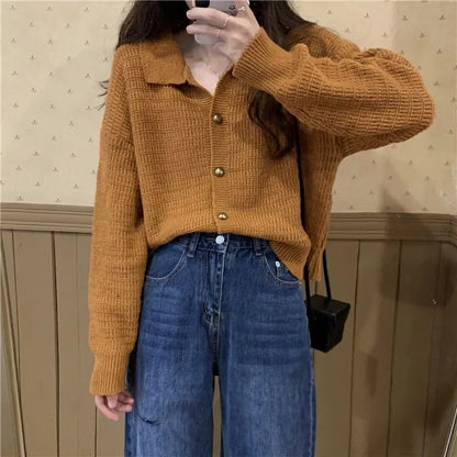 vmtvr New Women Doll Collar Knitted Cardigan Autumn Winter Long Sleeve Single-breasted Sweater Cardigans Female Loose Sweaters