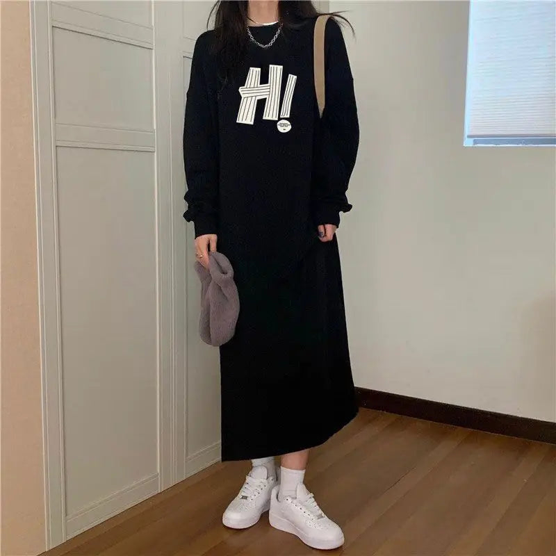 vmtvr Korean Fashion Autumn Winter Long Knee Length Dress Women's Round Neck Printed Letters Patchwork Loose Fleece Thick Warm Dresses