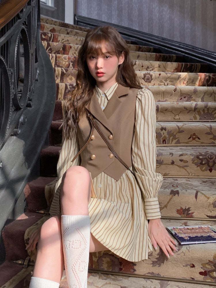 vmtvr - Autumn Sweet Striped Dress Women College Style Loose Casual Mini Dress Female Long Sleeve Single-breasted Chic Korean Dress 2023