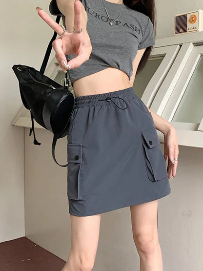 vmtvr Streetwear Cargo Skirt Women High Waist Sexy Mini Skirt Summer Pockets Harajuku Solid Design All Match Female Chic Skirts