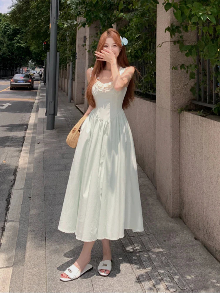 vmtvr French Vintage Backless Midi Dress Women Sweet Lace Bow Design Slim Strap Dress 2024 Summer Elegant Retro Evening Party Dress